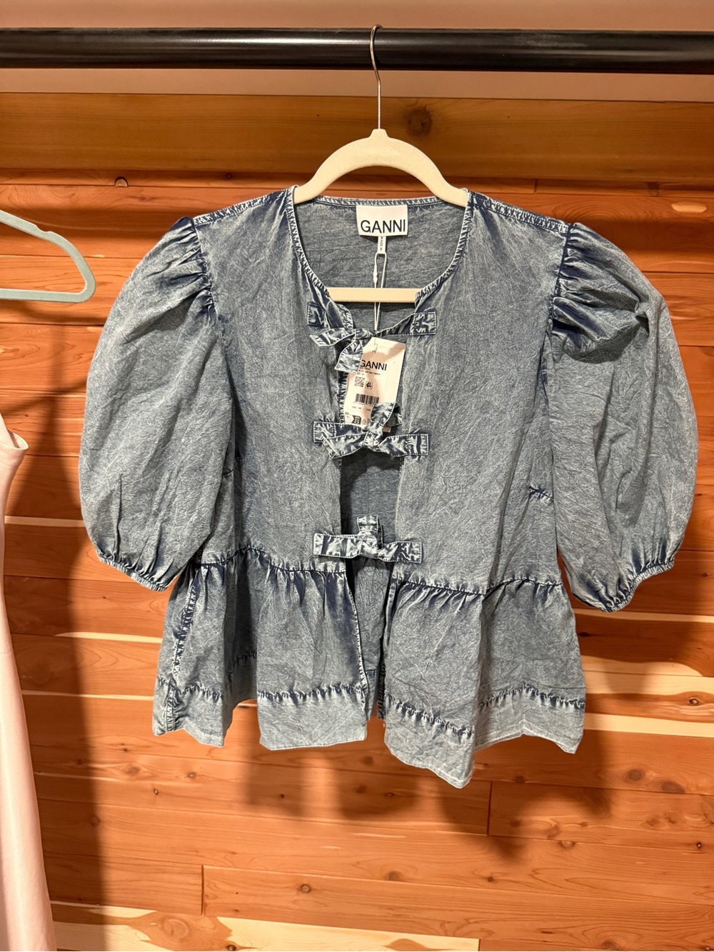 Ganni Washed Light Blue Denim Tiered Peasant Blouse